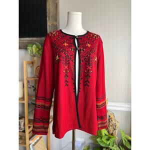 Vintage Y2K Red and Black Floral Aztec Alpaca Blend Cardigan Sweater Size XXL
